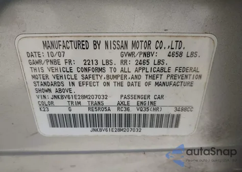 2008 Infiniti G35 Journey z USA, uszkodzony, nr VIN JNKBV61E28M207032